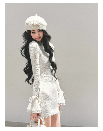 Lace Mesh Long-Sleeve Mini Dress