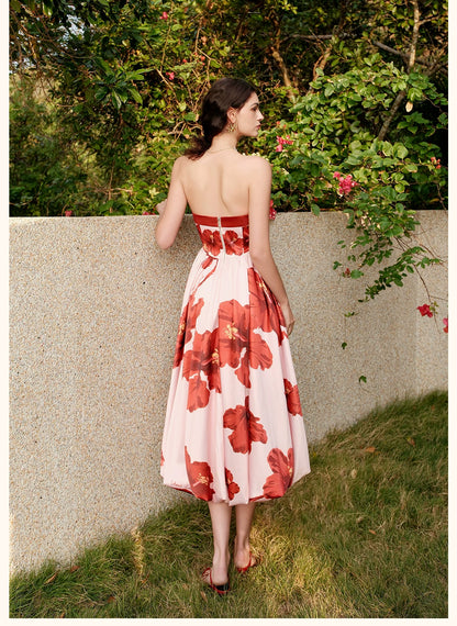 Satin Floral Bubble Hem Strapless Dress