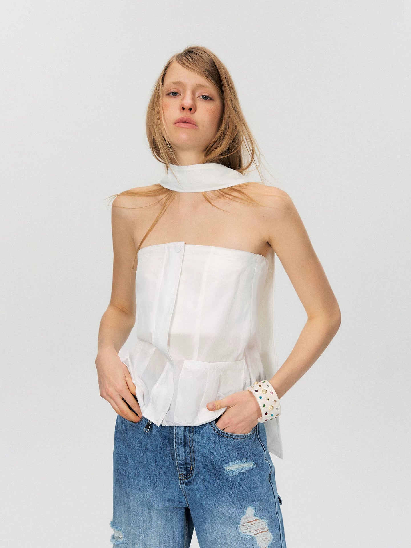 Sheer Utility-Inspired Strapless Peplum Top