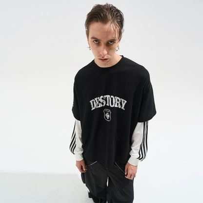 Faded Print Layered-Effect Patchwork Long Sleeve T-Shirt