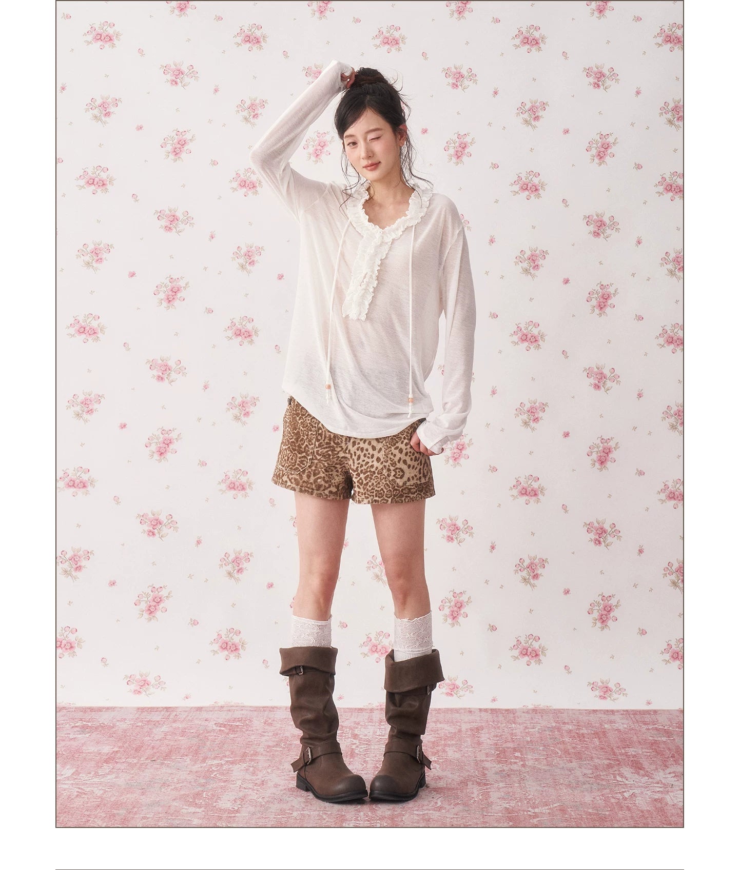 Ruffle Drawstring Sheer Knit Sun-Protective Long Sleeve Top