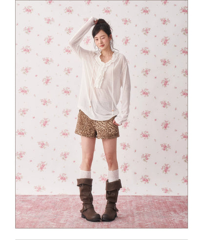 Ruffle Drawstring Sheer Knit Sun-Protective Long Sleeve Top