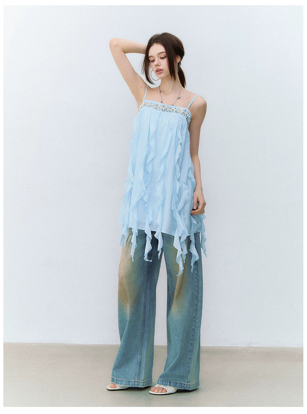Beaded Trim Flowing Acetate Slip Dress