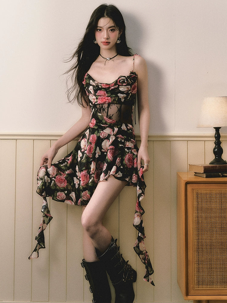 Black &amp; Pink Rose Floral Dress