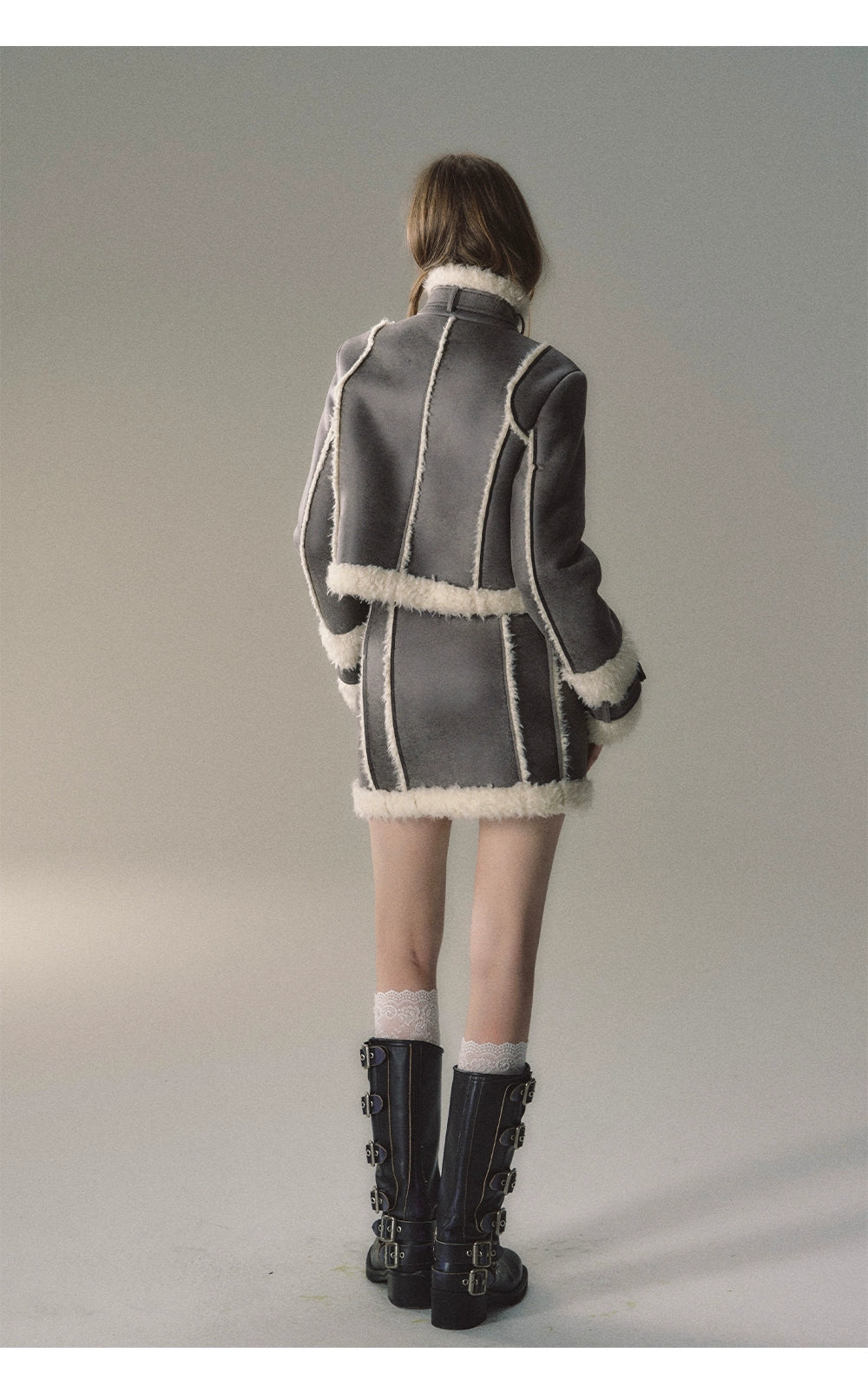 Grey Short Plush Shearling Jacket &amp; Skirt Set - CHINASQUAD