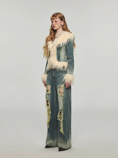 Denim Distressed Wide-Leg Pants - CHINASQUAD