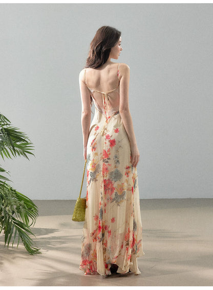 Dreamlike Summer Floral Chiffon Mermaid Slip Maxi Dress