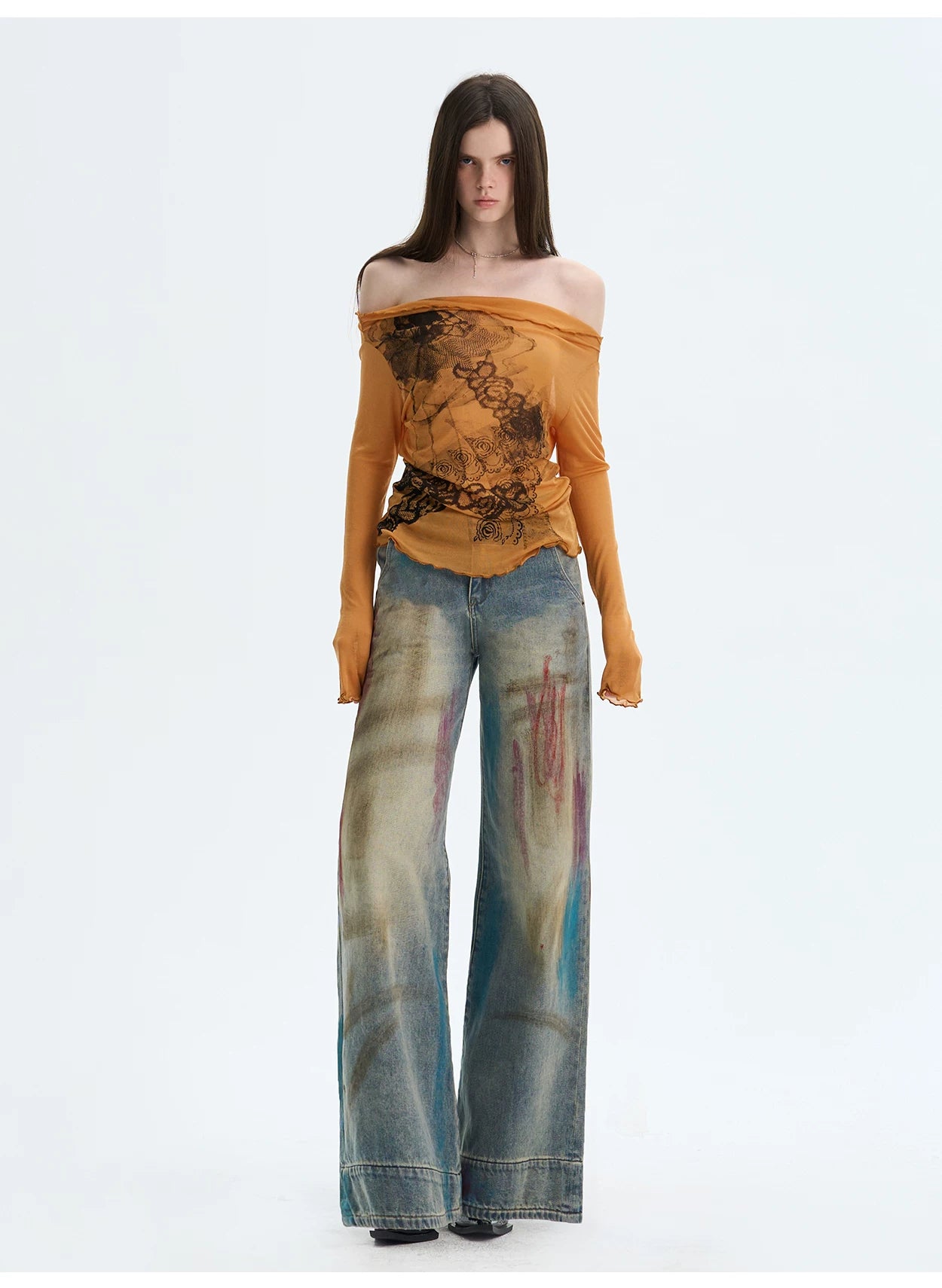 Washed Blue Graffiti Straight-Leg Denim Jeans