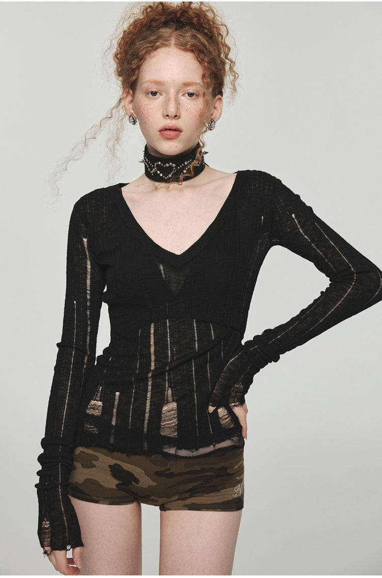 Hollow Out Waist-Cinched Knitted Blouse - CHINASQUAD