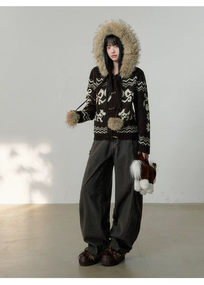 Fair Isle Fur Collar Toggle Buttons Knit Coat