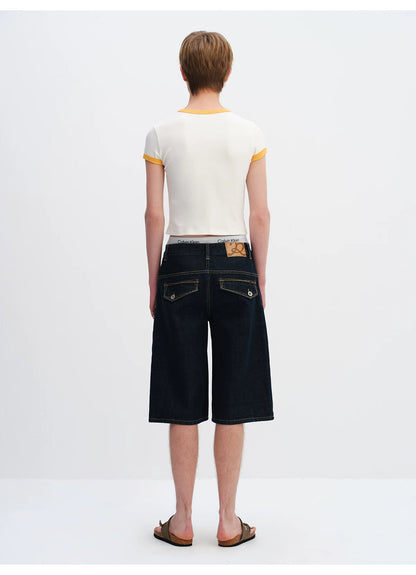 Vintage Raw Denim Cropped Straight-Leg Jeans