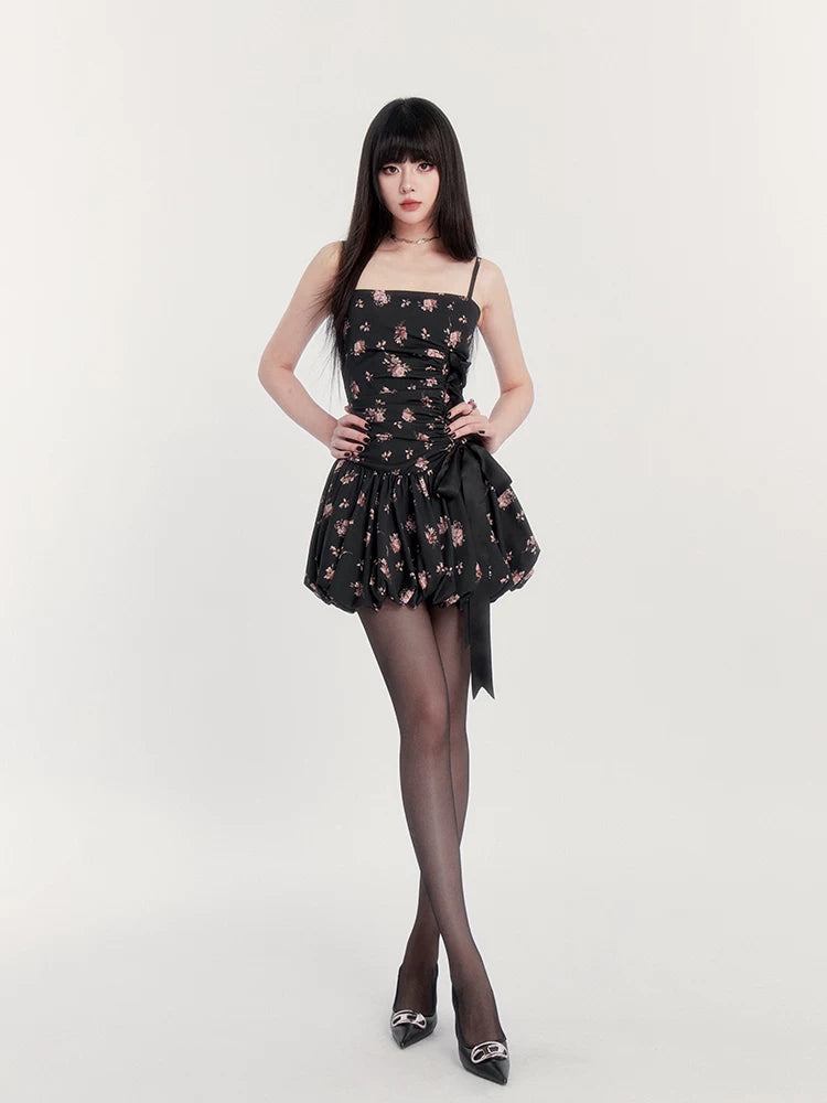 Dream French Floral Bow Waist Puff Dress