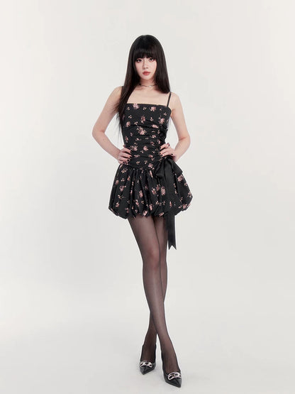 Dream French Floral Bow Waist Puff Dress