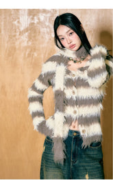 Purple & Khaki Striped Fuzzy Cardigan - CHINASQUAD