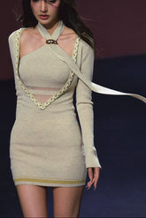 Spliced V-Neck Ribbon Layered Two-piece Dress - CHINASQUAD