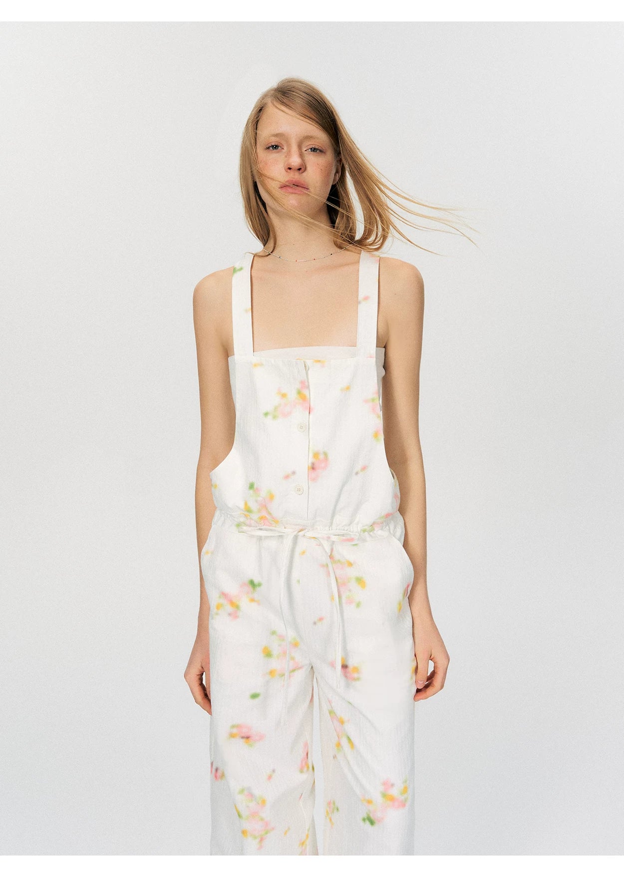 Vintage Soft-Blur Floral Backless Strap Jumpsuit