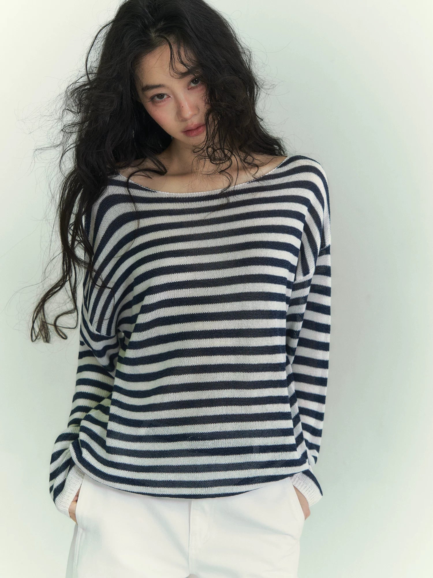 Washi Yarn Striped Off-Shoulder Long Sleeve Knit Top