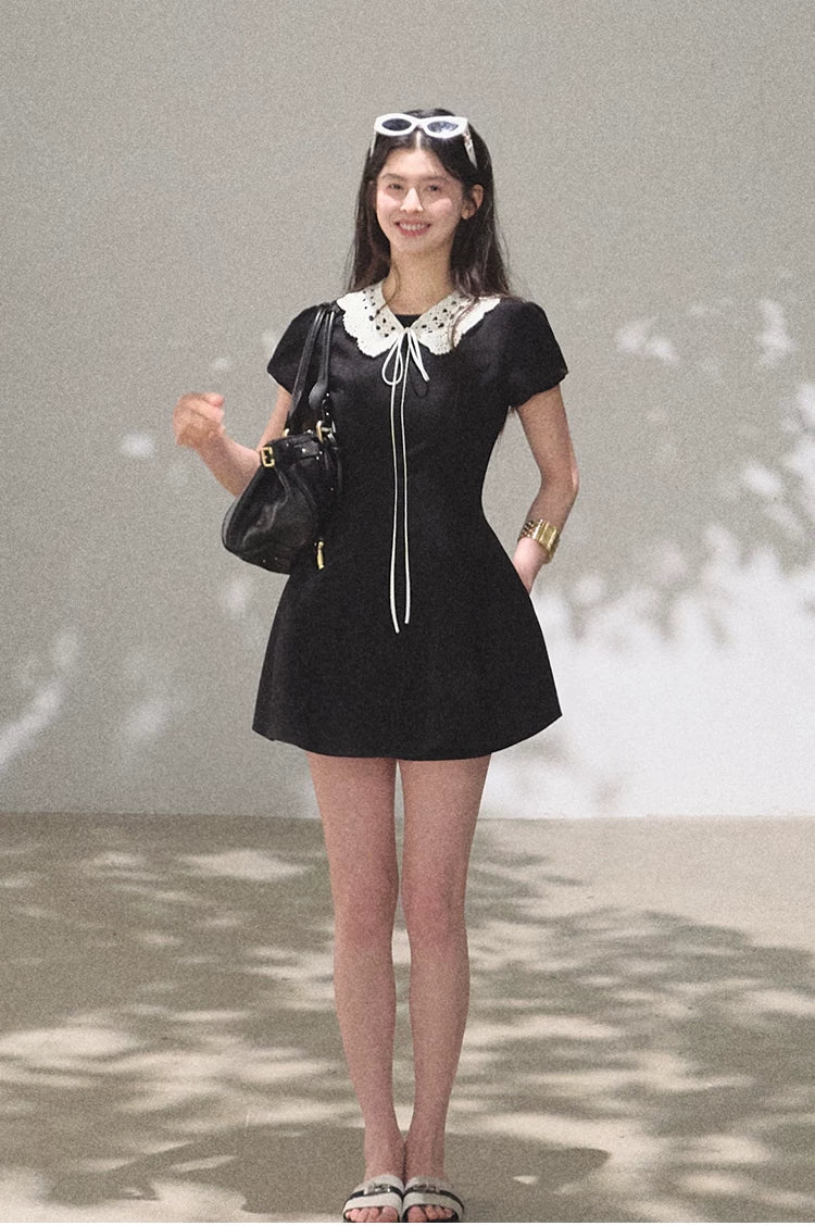 Detachable Crocheted Peter Pan Collar Cinched-Waist Mini Dress