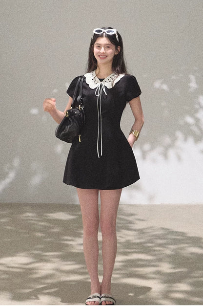 Detachable Crocheted Peter Pan Collar Cinched-Waist Mini Dress