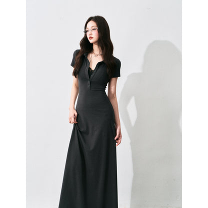 Half-Placket Polo Collar Knit Maxi Dress
