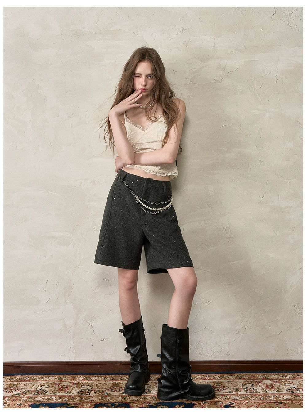 Irregular Silver-Dot Wool Blend Loose Shorts