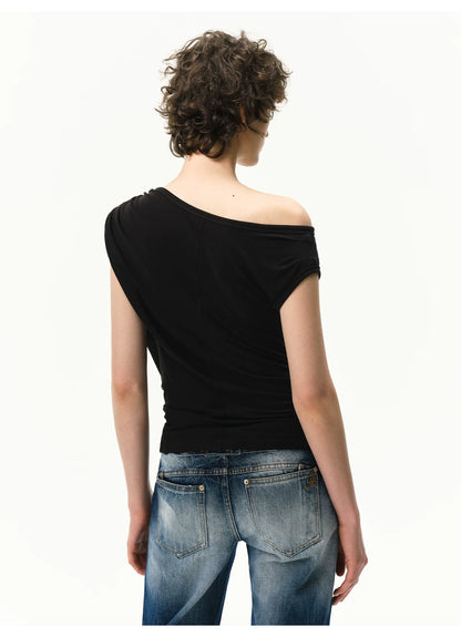 Asymmetrical Draped Lyocell-Wool T-Shirt