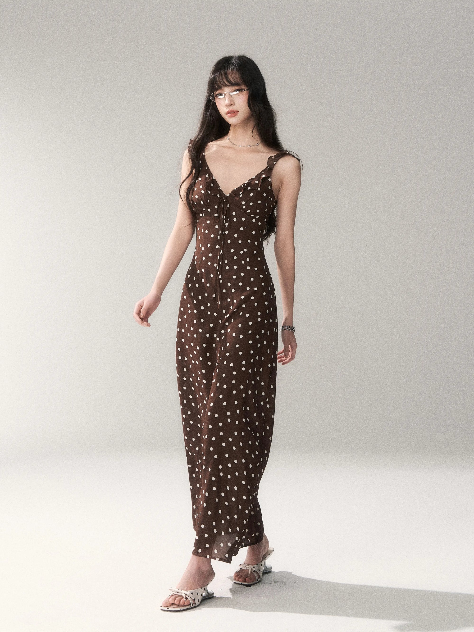 Chocolate Polka Dot French Slim-Fit Slip Maxi Dress
