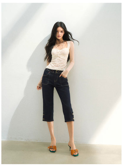 Studded Belt Cropped Denim Pants
