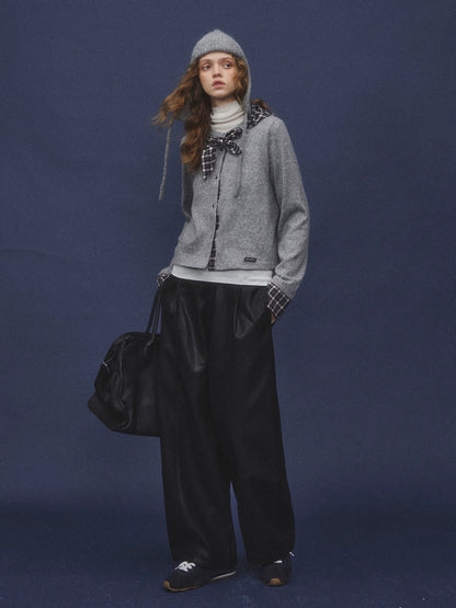 Wool-Blend Plaid Patchwork Knit Cardigan