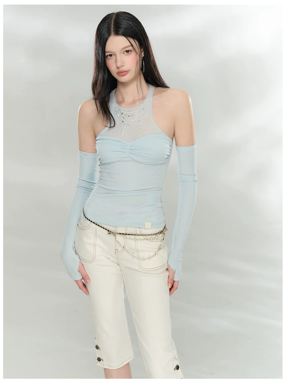 Detachable Mesh Panel Halter T-Shirt