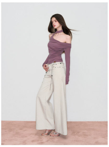 Wave-Embroidered Wide-Leg Straight Pants