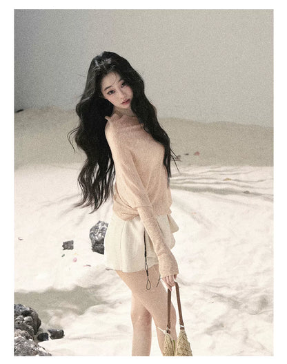 Sheer Off-Shoulder Sun Protection Knit Top Set