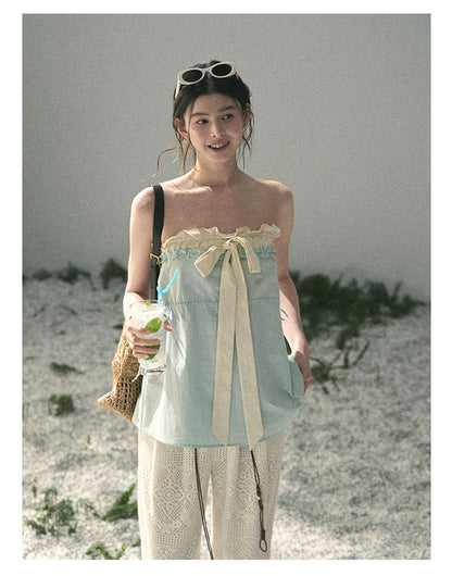 “Soft Blue Whisper” Faux Two-Piece Bandeau Top