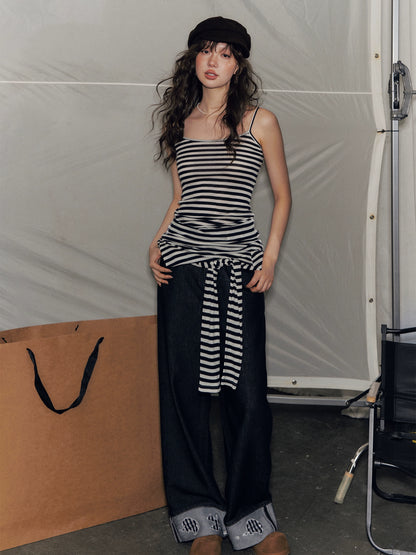 Striped Off Shoulder Fake Two-Piece T-Shirt - CHINASQUAD