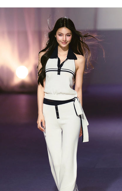 Relaxed Polo Halter Knit Top &amp; Flared Knit Pants Set
