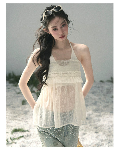 “Shattered Glass Veil” French Sheer Halter Lace Top