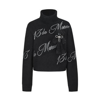 Crystal-Embellished Mock-Neck Knit Sweater