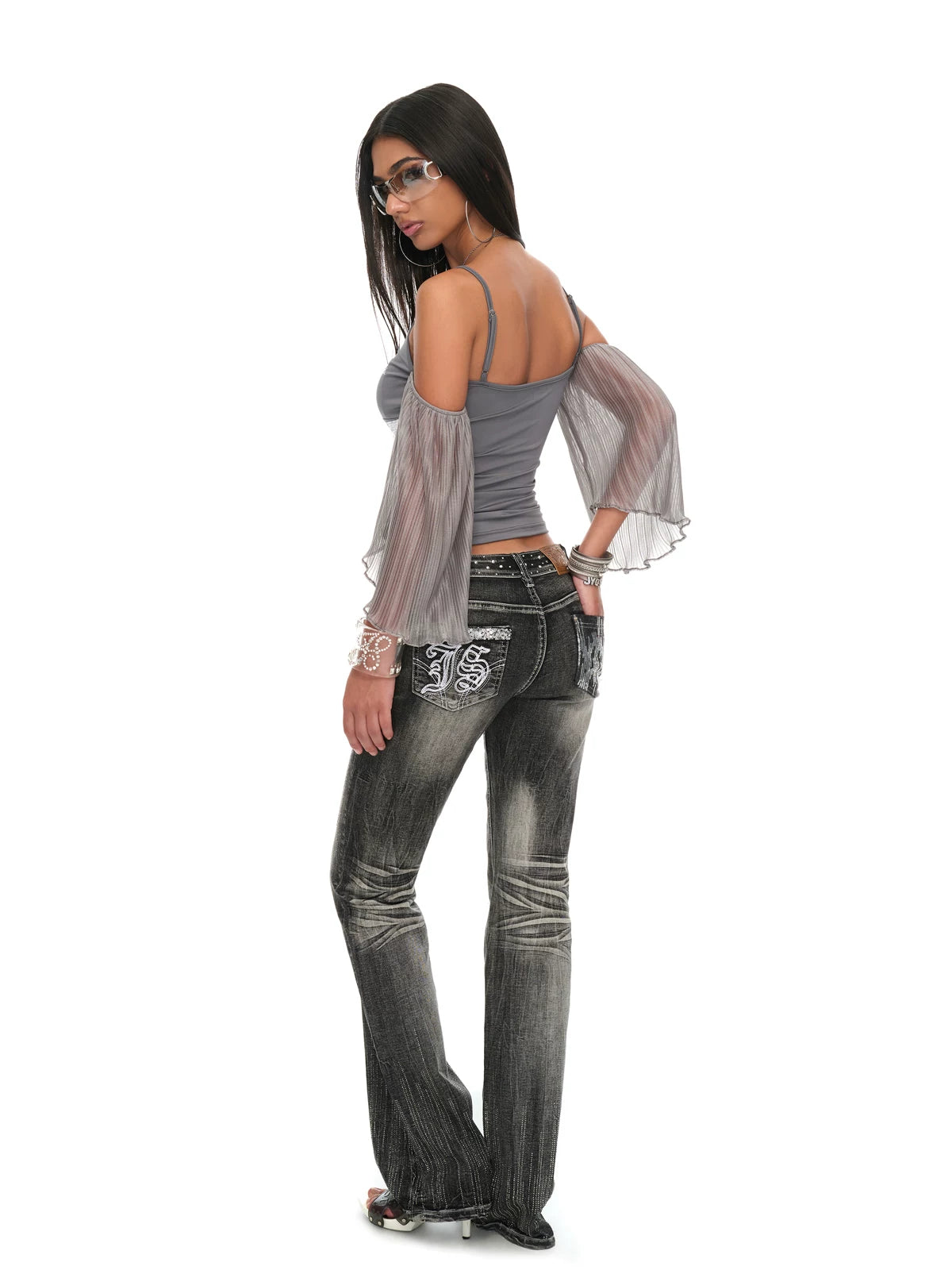 Grey Sequin-Trim V-Neck Pleated Sleeve Camisole
