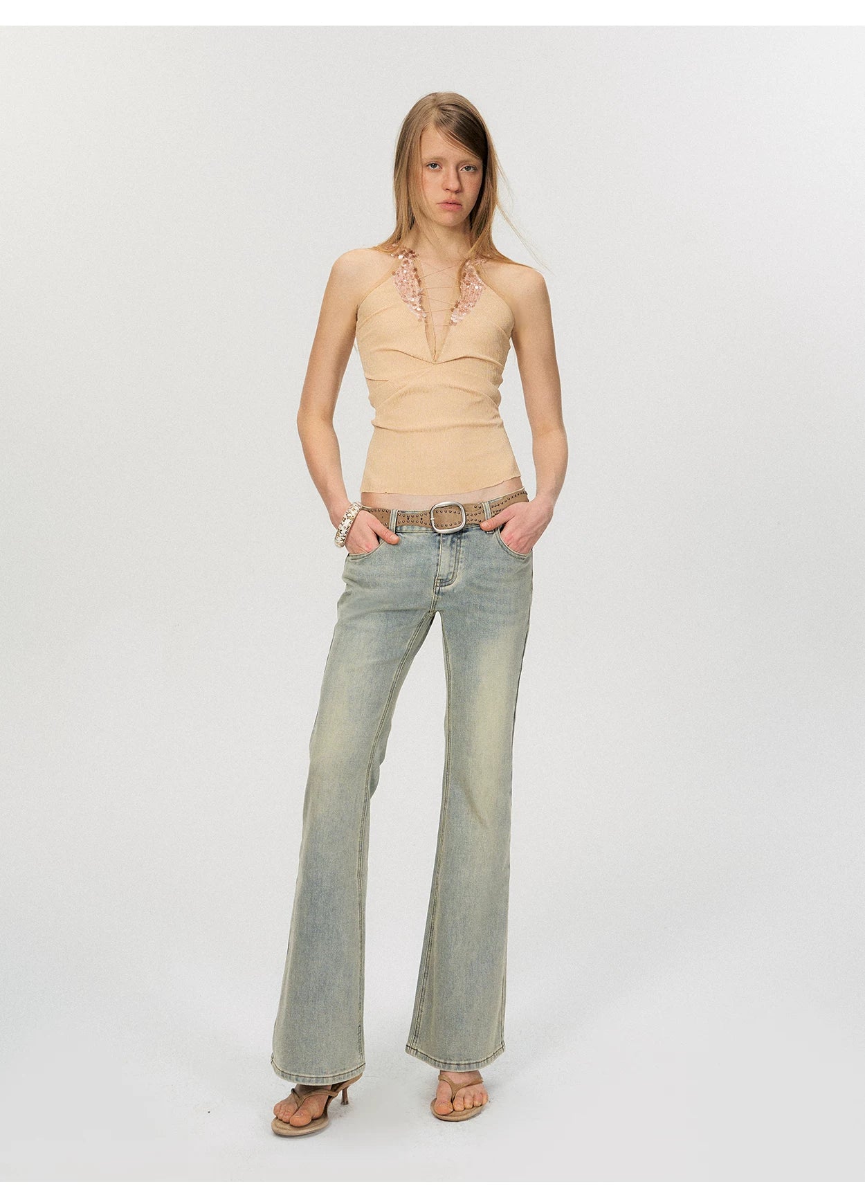 Vintage Deep V Sequin Halterneck Slim Fit Tank Top