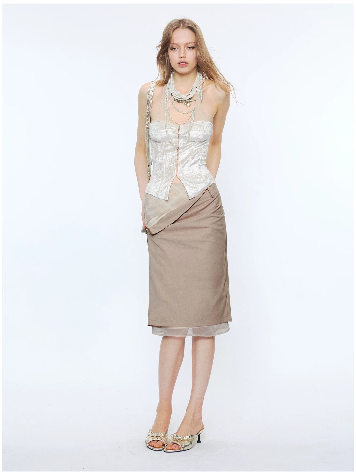 Deconstructed Check Patchwork Straight Midi Skirt