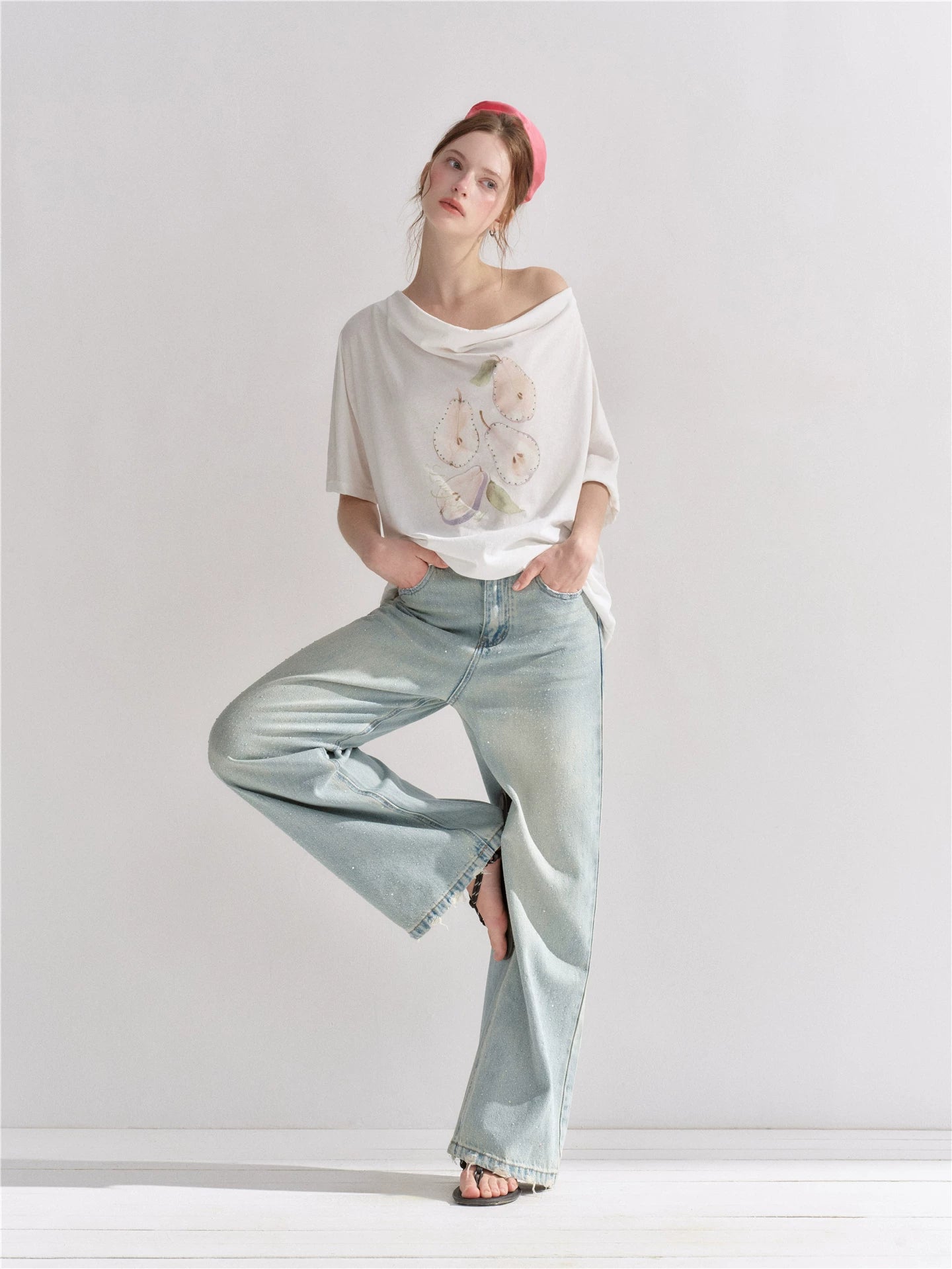 Pear Embellished Draped Off-Shoulder Relaxed T-Shirt