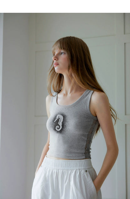 Gray Lace Hollow-out Halterneck Tank Top