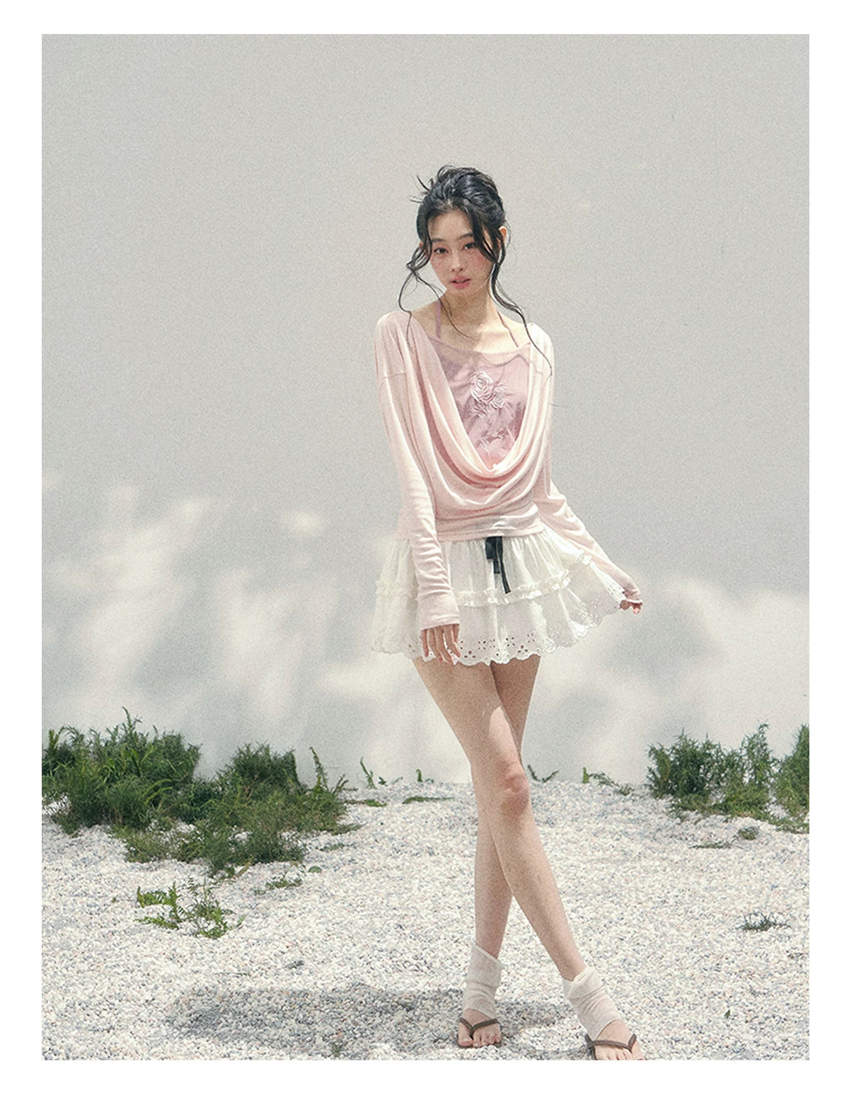 Rose Embroidery Draped Blouse Set