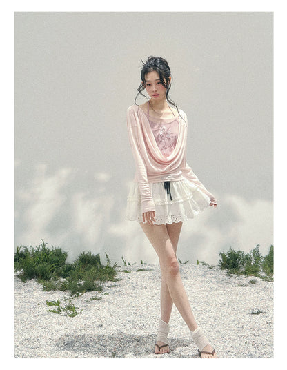 Rose Embroidery Draped Blouse Set