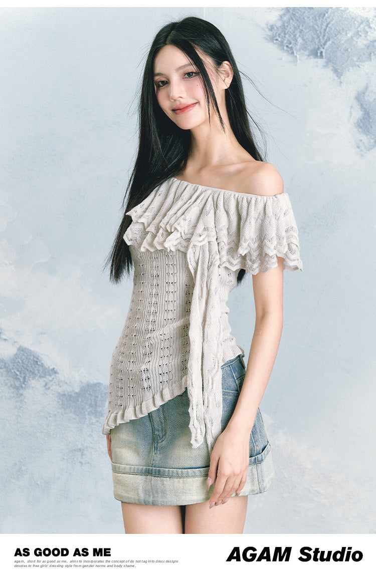 Off-The-Shoulder Ruffled Crochet Blouse - CHINASQUAD