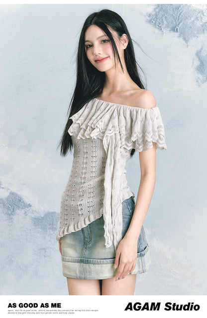 Off-The-Shoulder Ruffled Crochet Blouse