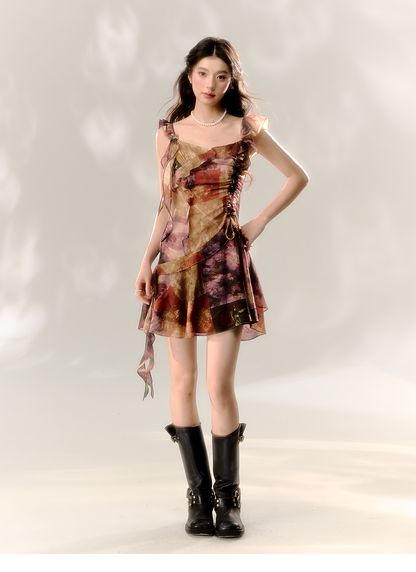 Floral Pattern A-line Waist-cinching  Dress