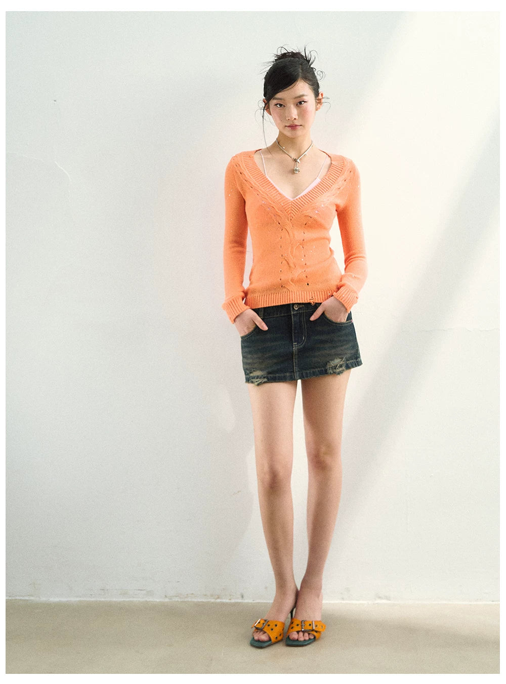 Distressed Openwork V-Neck Knit Top