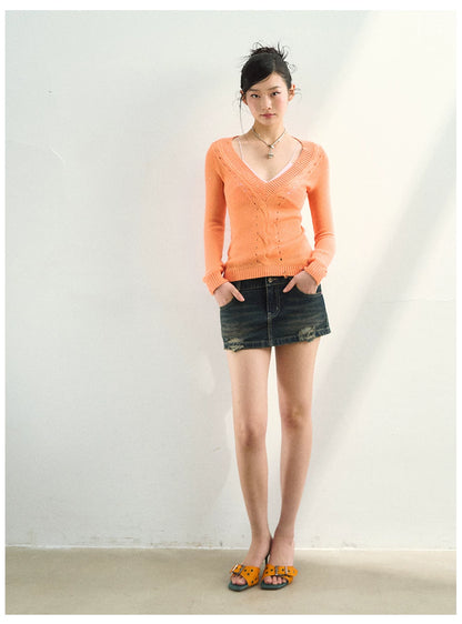 Distressed Openwork V-Neck Knit Top