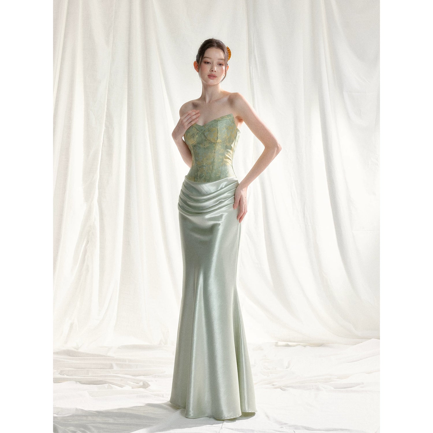 Jade Whisper Jacquard Corset Satin Evening Gown